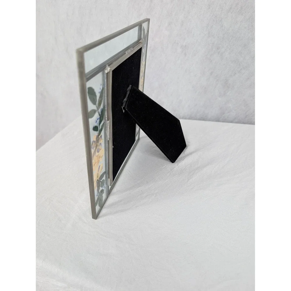 Pressed Flower Glass Picture Frame Silver Yellow Floral Cottagecore 7.75x7